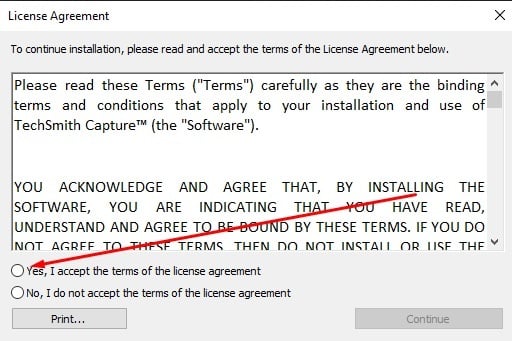 TechSmith Capture installation screen with Accept Terms of license agreement highlighted