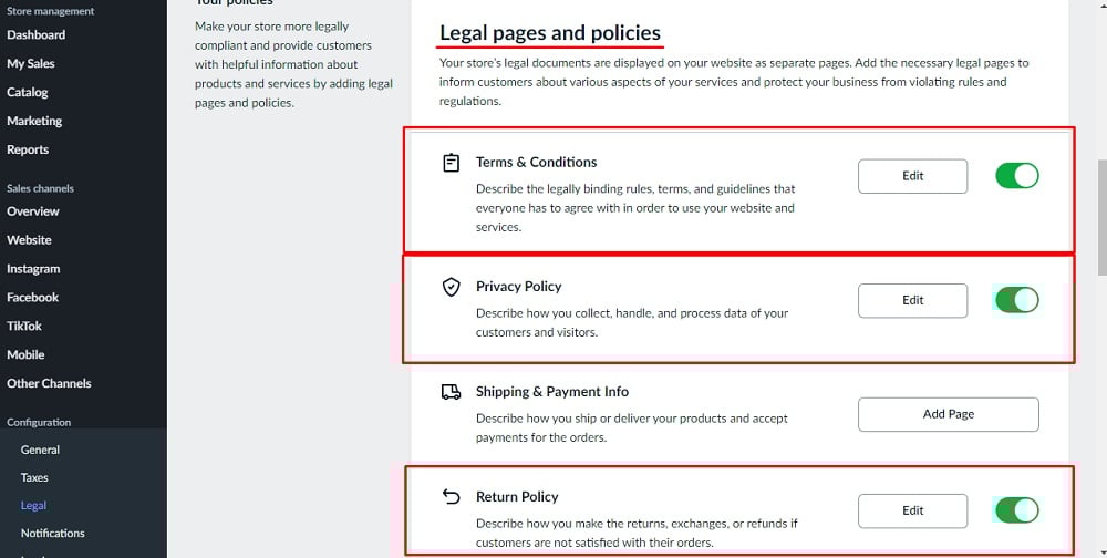 TermsFeed Ecwid: Legal Pages and Policies - The active status of the Legal Policies Pages highlighted