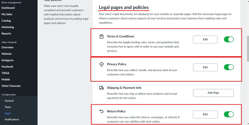 TermsFeed Ecwid: Legal Pages and Policies - The active status of the Legal Policies Pages highlighted