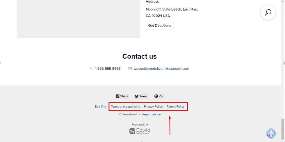 TermsFeed Ecwid: Legal Pages and Policies displayed in the footer highlighted