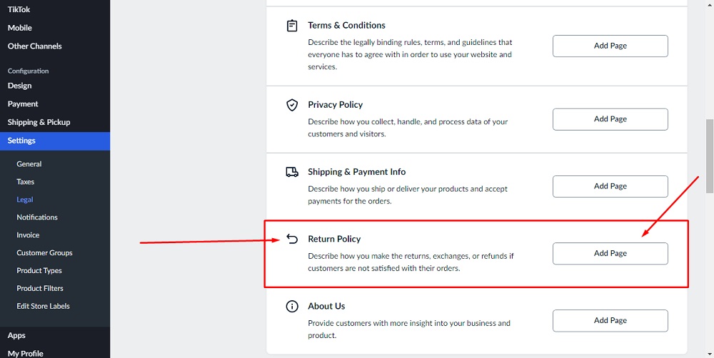 TermsFeed Ecwid: Legal pages and policies - Add Page option for Return Policy