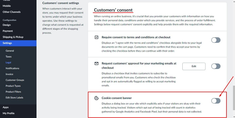 TermsFeed Ecwid: Legal Settings -Consumer's Consent - Cookie consent banner option highlighted