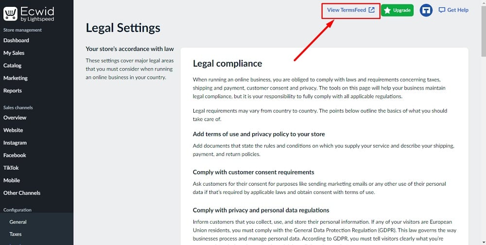 TermsFeed Ecwid: The preview store option highlighted