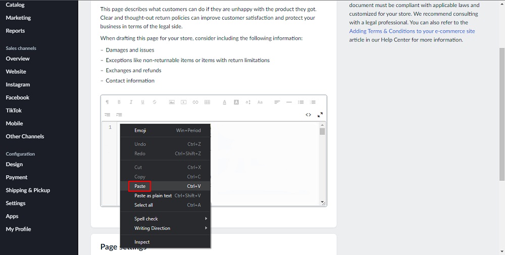 TermsFeed Ecwid: Return Policy Page Editor - Paste the HTML code