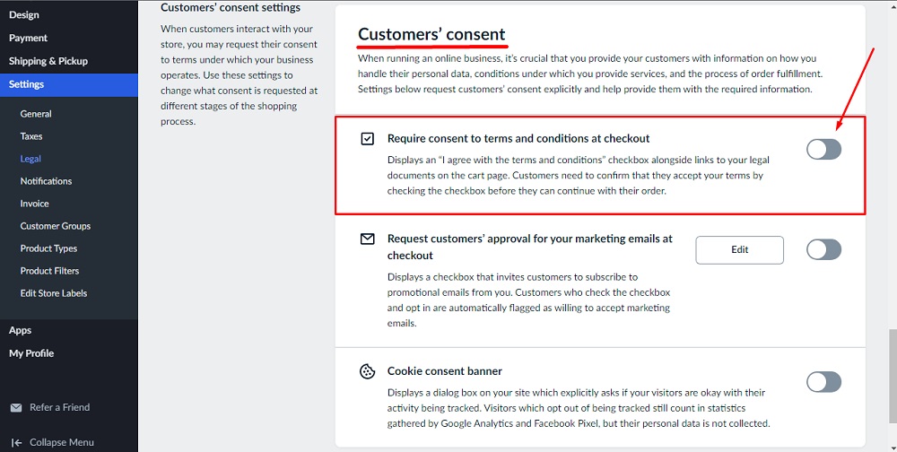 TermsFeed Ecwid: Legal settings - Consumer consent settings - Require consent to Terms and Conditions at checkout option highlighted