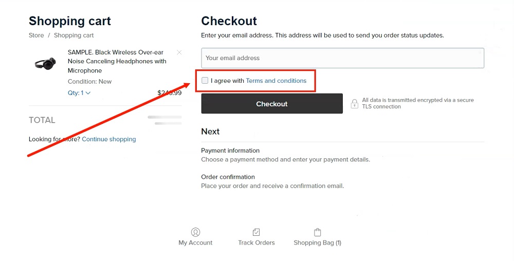 TermsFeed Ecwid: Website Checkout page - Checkbox for consumer consent to Terms and Conditions highlighted