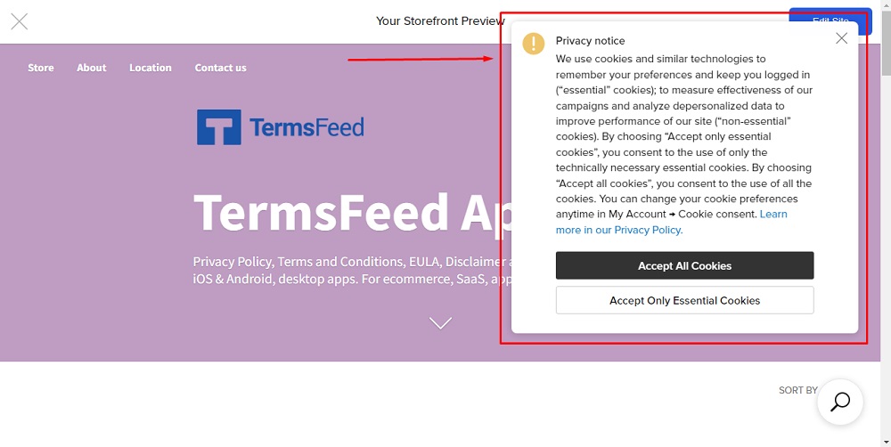TermsFeed Ecwid: Website Store with Cookie Consent Banner Displayed highlighted