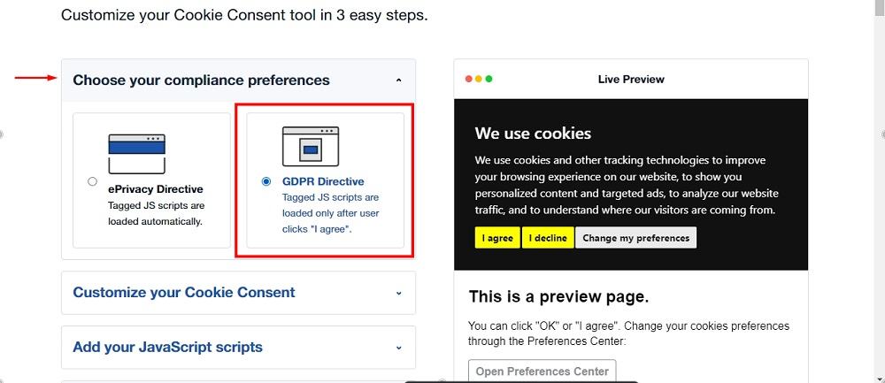 TermsFeed Free Cookie Consent Builder: Step 1 - Express consent chosen as preference highlighted