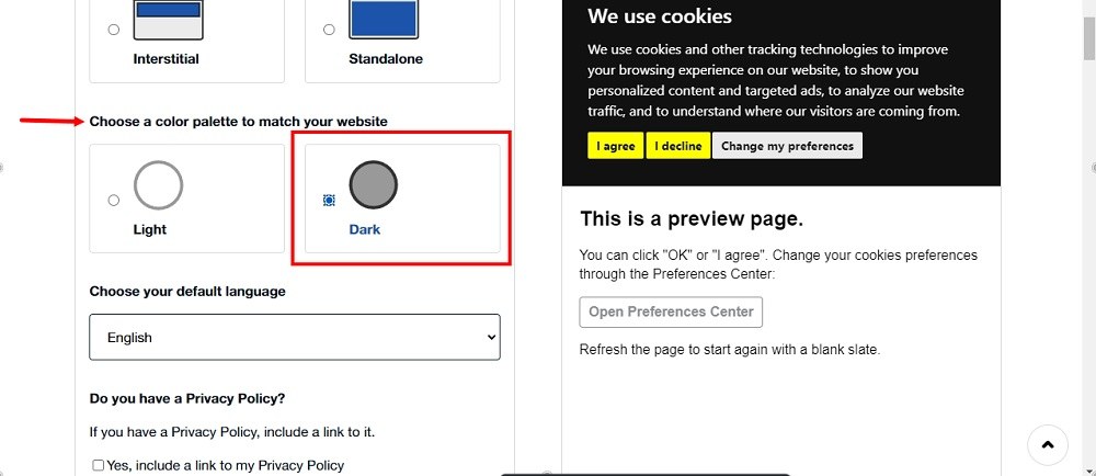 TermsFeed Free Cookie Consent Builder: Step 2 - Choose a color palette to match your website highlighted