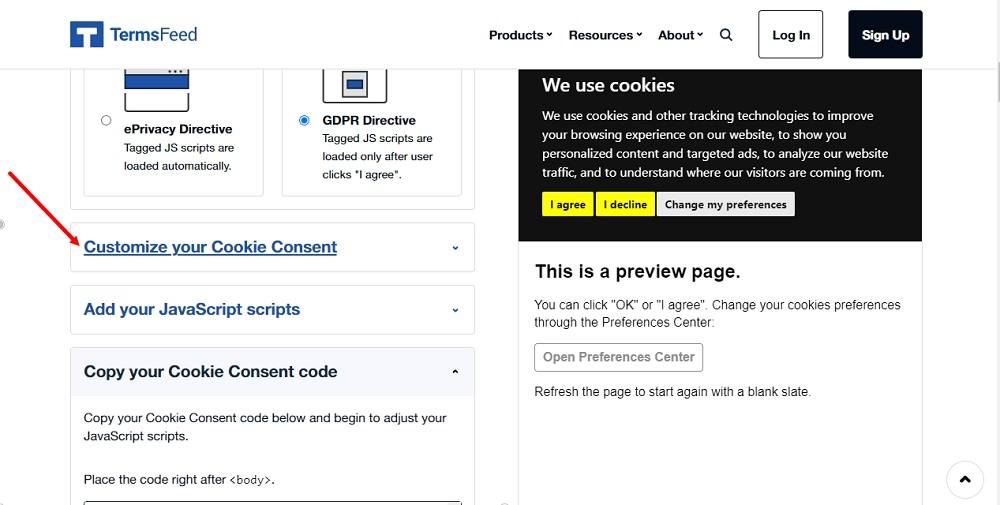 TermsFeed Free Cookie Consent Builder: Step 2 - Customize your Cookie Consent highlighted