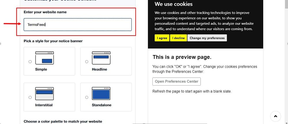 TermsFeed Free Cookie Consent Builder: Step 2 - Enter your website name highlighted