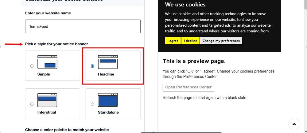 TermsFeed Free Cookie Consent Builder: Step 2 - Pick a style for your notice banner highlighted