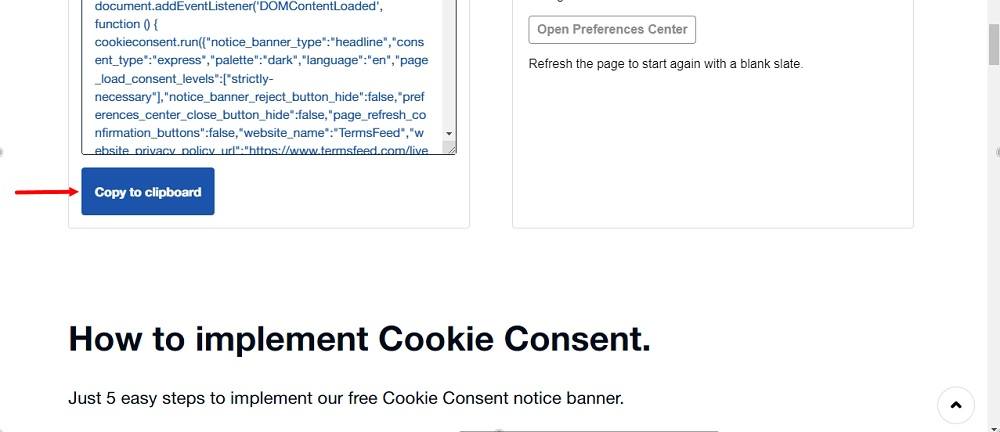 TermsFeed Free Cookie Consent Builder: Step 4 - Copy to clipboard button highlighted