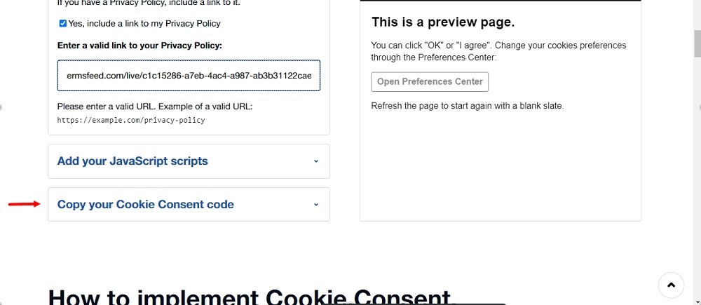 TermsFeed Free Cookie Consent Builder: Step 4 - Copy your Cookie Consent code highlighted