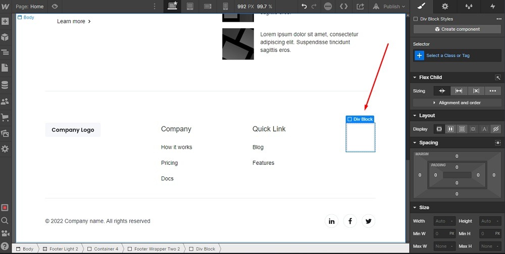 TermsFeed Webflow: Add Elements - Basic - Div Block added highlighted