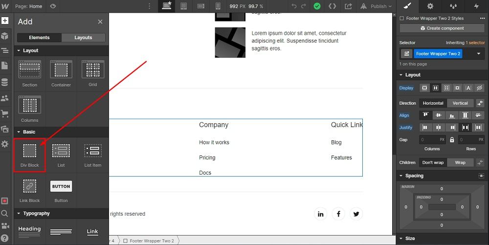 ermsFeed Webflow: Add Elements - Basic - Div Block highlighted