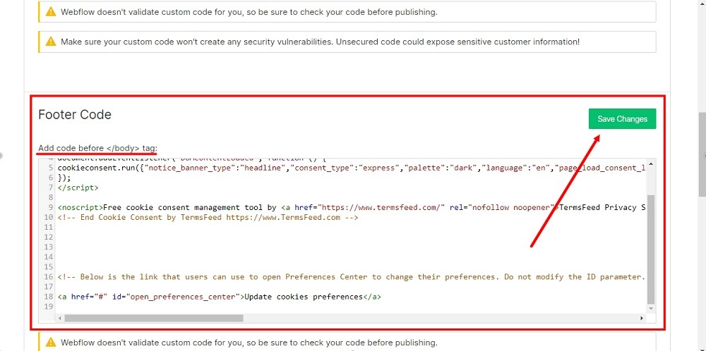 TermsFeed Webflow: Settings with Custom Code - Footer Code added - Save Changes button highlighted