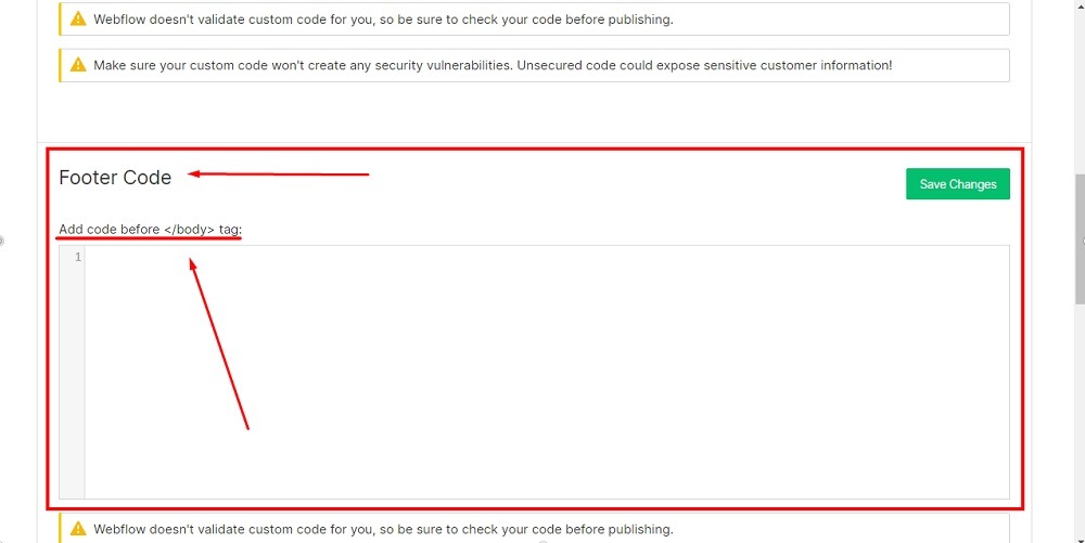 TermsFeed Webflow: Settings with Custom Code - Footer Code highlighted