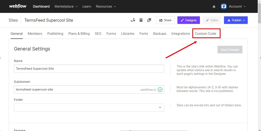 TermsFeed Webflow: Settings with Custom Code highlighted