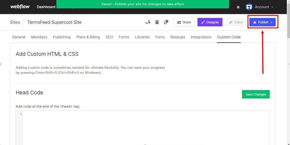 TermsFeed Webflow: Settings with Custom Code - Publish button highlighted