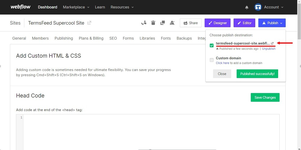 TermsFeed Webflow: Settings with Custom Code - Published successfully with live link highlighted