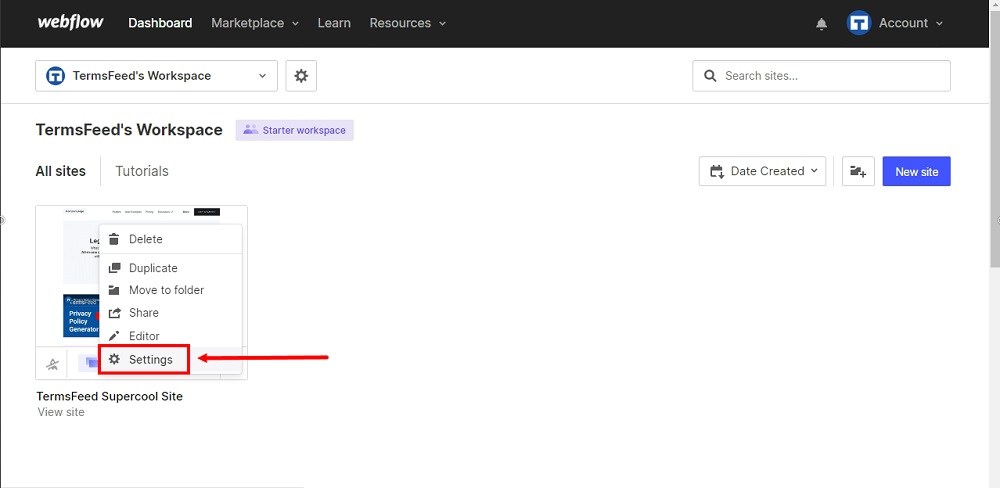 TermsFeed Webflow: The three dots - Settings highlighted