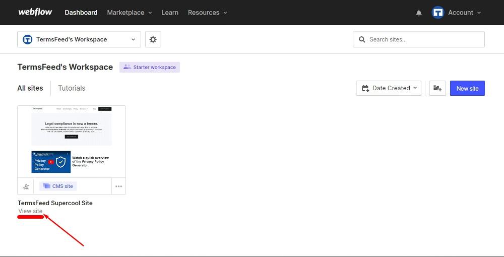 TermsFeed Webflow: Dashboard with View Site option highlighted