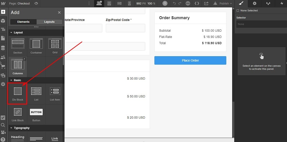 TermsFeed Webflow: Pages - Checkout - Add Div Block highlighted
