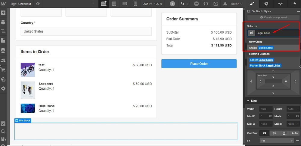 TermsFeed Webflow: Pages - Checkout - Add Div Block -named Legal Links highlighted