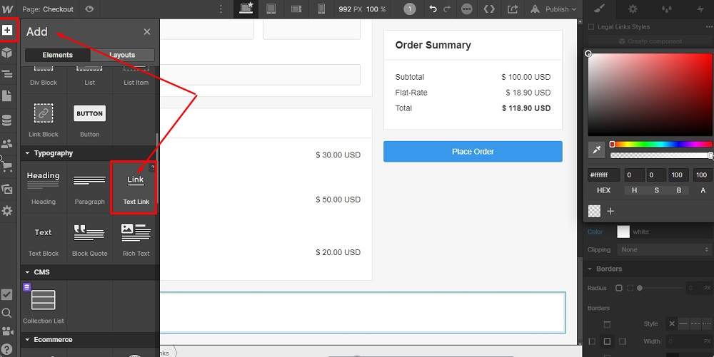 TermsFeed Webflow: Pages - Checkout - Div Block - Add Link highlighted