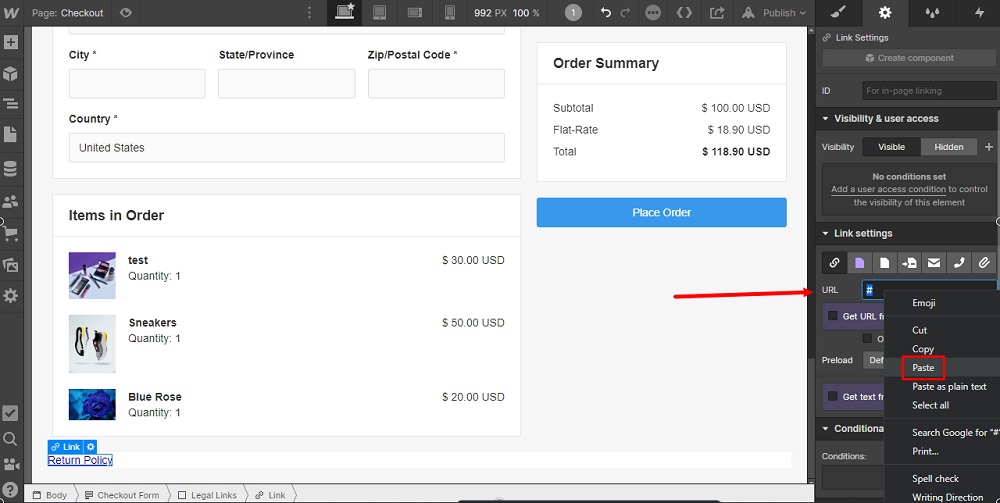 TermsFeed Webflow: Pages - Checkout - Div Block - Paste Return Policy URL highlighted
