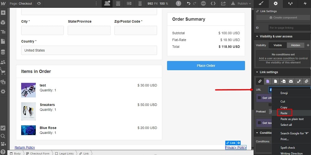 TermsFeed Webflow: Pages - Checkout - Div Block - Privacy Policy URL and Paste highlighted