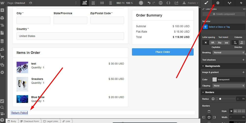 TermsFeed Webflow: Pages - Checkout - Div Block - rename the link to Return Policy and go to Gear icon highlighted