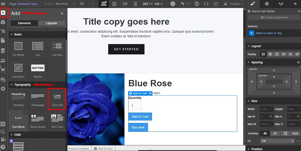 TermsFeed Webflow: The Product Template page - Add Link element highlighted
