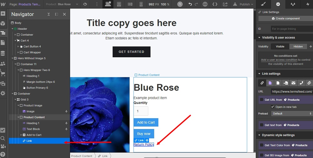 TermsFeed Webflow: The Product Template page - Link Return Policy URL - Navigator positioning highlighted