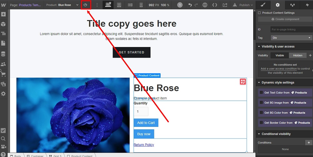 TermsFeed Webflow: The Product Template page - Link Return Policy URL - The Preview (Eye icon) highlighted