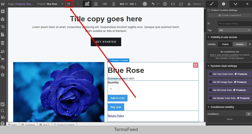 TermsFeed Webflow: The Product Template page - Link Return Policy URL - The Preview (Eye icon) highlighted