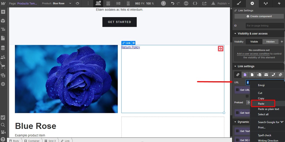 TermsFeed Webflow: The Product Template page - Link Return Policy paste URL icon highlighted