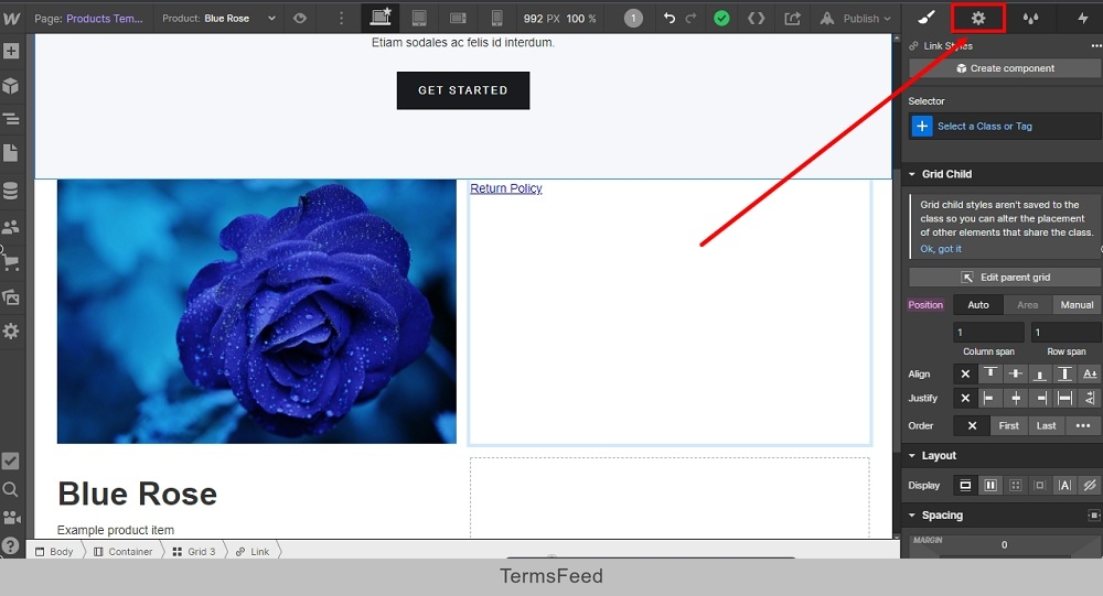 TermsFeed Webflow: The Product Template page - Link Text replaced with Return Policy and Gear icon highlighted