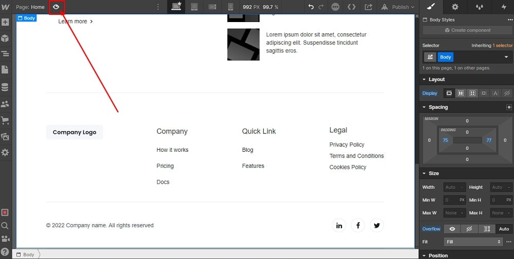TermsFeed Webflow: Footer - Legal - Cookies Policy - Link Settings - Preview highlighted