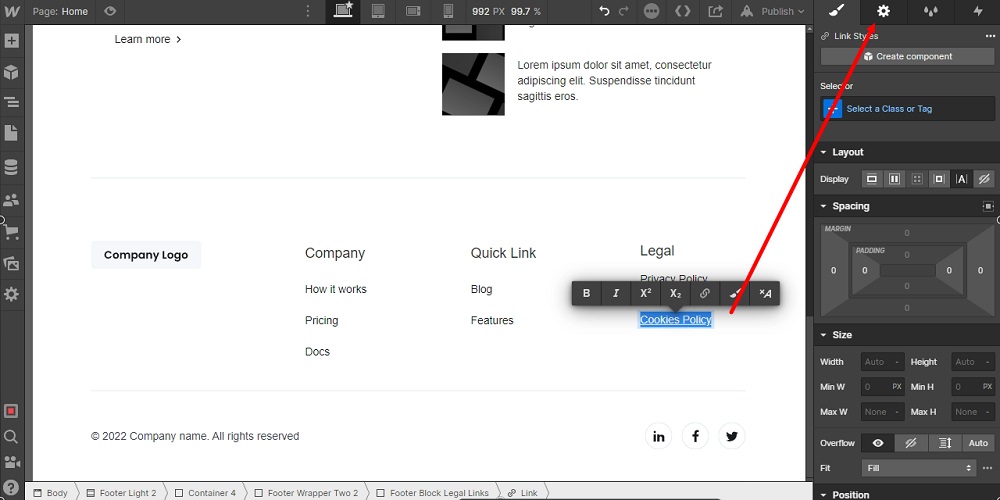 TermsFeed Webflow: Footer - Legal - Cookies - Policy - Link Settings highlighted