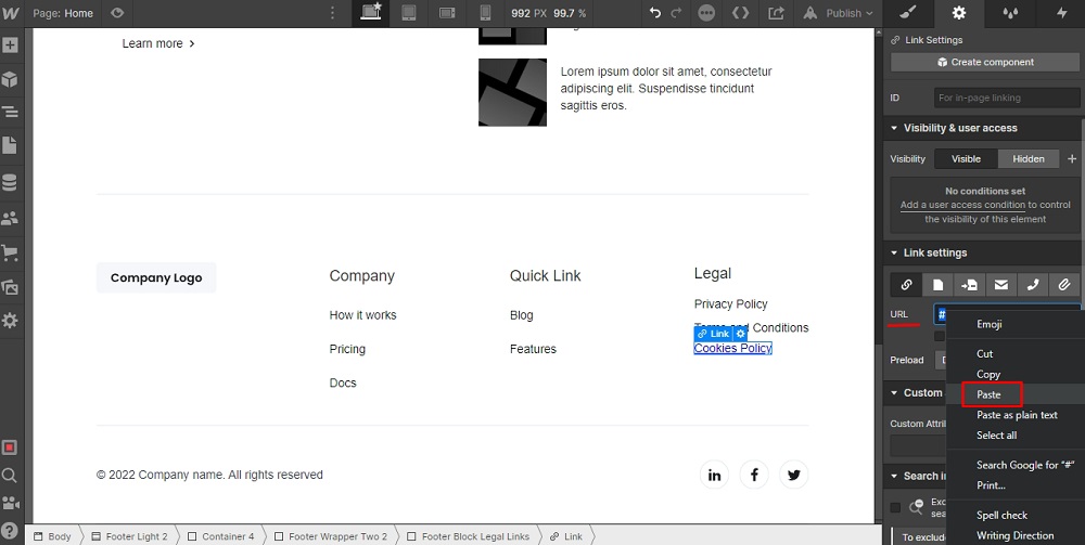 TermsFeed Webflow: Footer - Legal - Cookies Policy - Link Settings - Paste highlighted