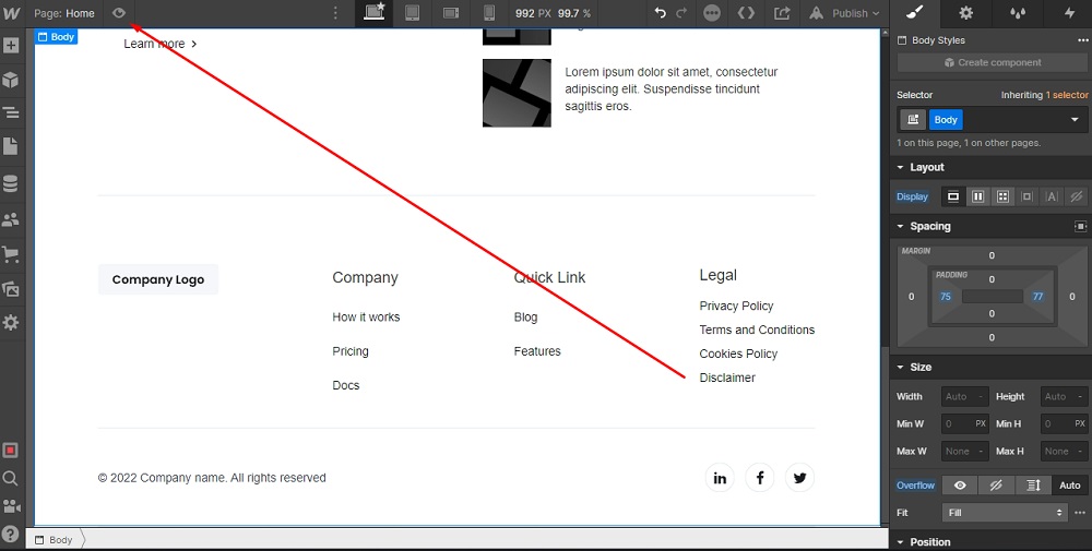 TermsFeed Webflow: Footer - Legal - Disclaimer - Preview highlighted