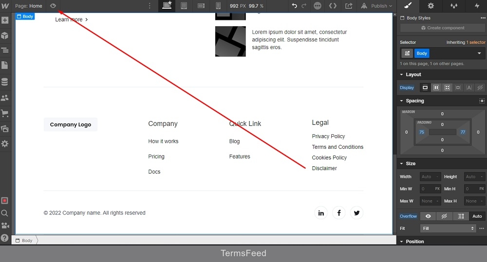 TermsFeed Webflow: Footer - Legal - Disclaimer - Preview highlighted