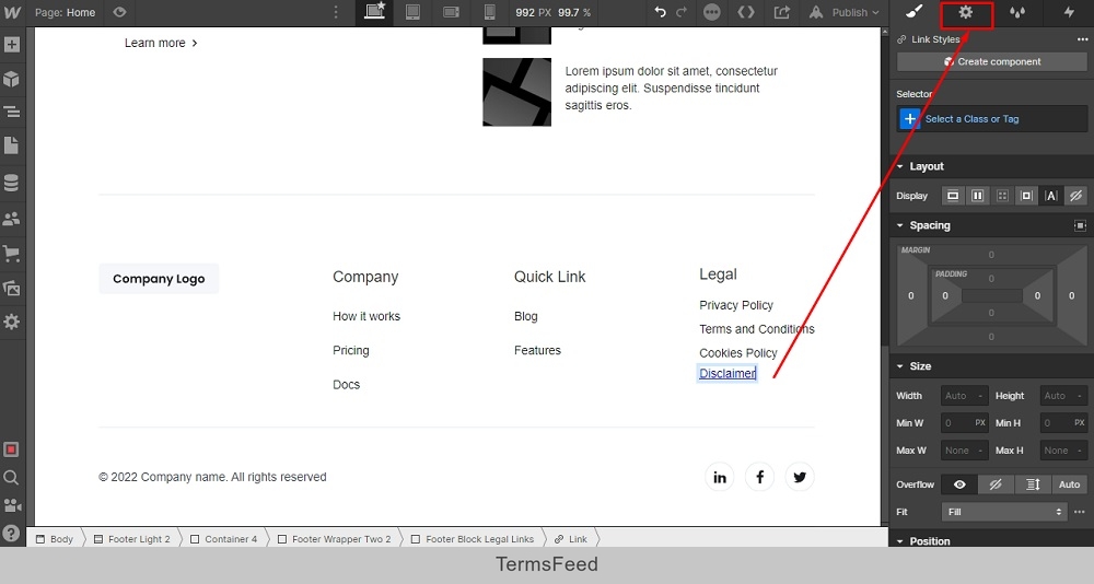TermsFeed Webflow: Footer - Legal - Link Settings highlighted