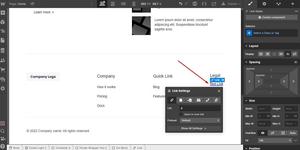 TermsFeed Webflow: Footer - Legal - Link element added highlighted