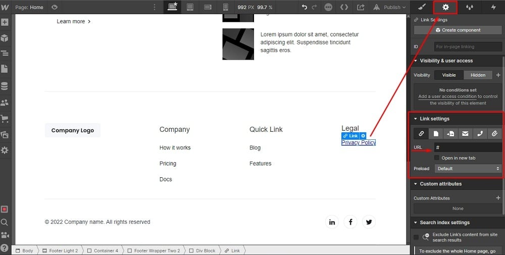 TermsFeed Webflow: Footer - Legal - Link Settings - Privacy Policy URL field  highlighted
