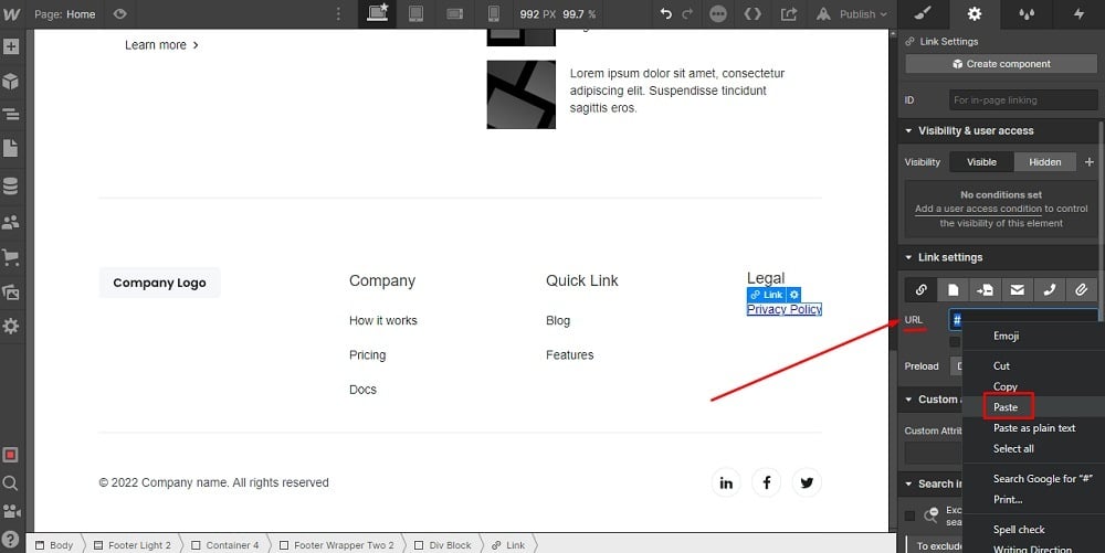 TermsFeed Webflow: Footer - Legal - Link Settings - Paste highlighted