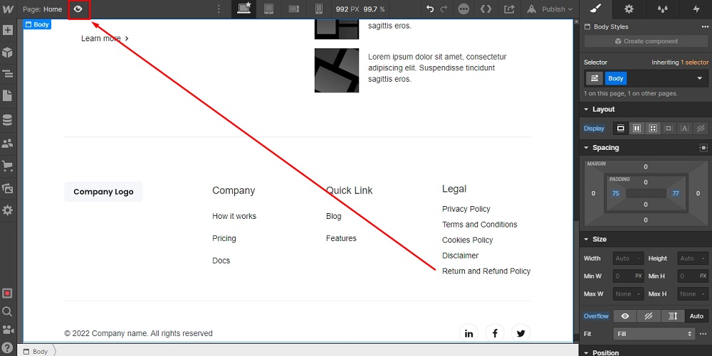 TermsFeed Webflow: Footer - Legal - Return and Refund Policy - Link Settings - Preview highlighted