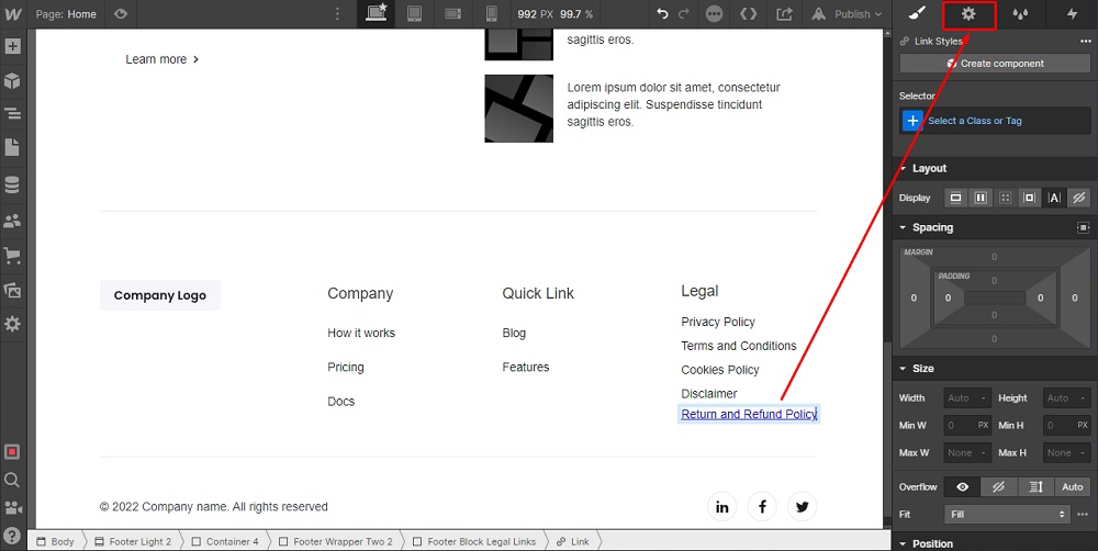 TermsFeed Webflow: Footer - Legal - Link Settings highlighted